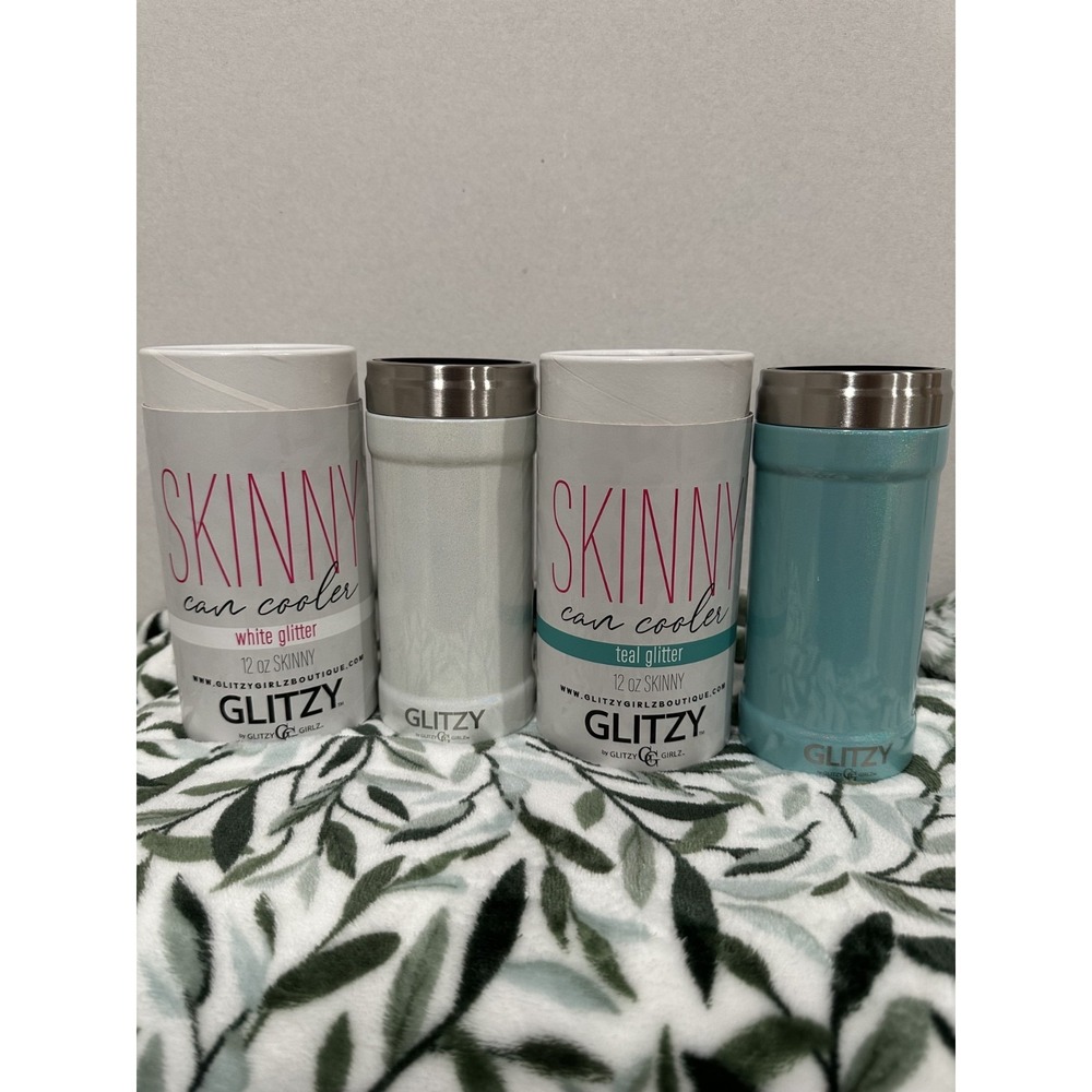 GLITZY Skinny Can Coolers White & Teal Glitter Insulated 12oz 2 Pack